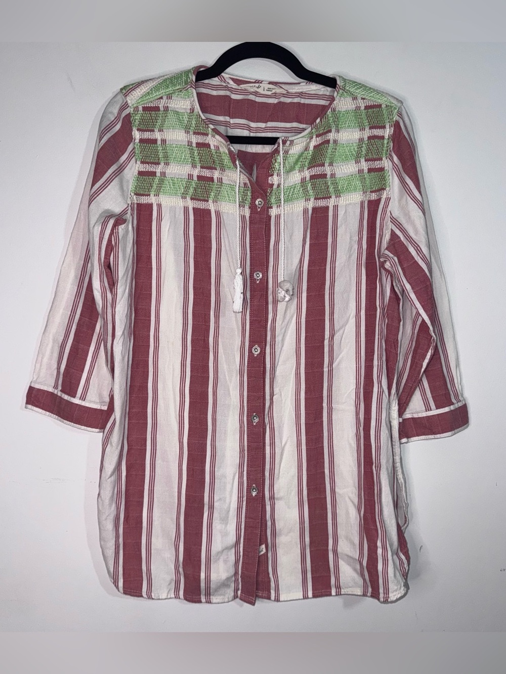 Woolrich Organic Cotton Boho Striped Tunic Shirt L Embroidered Cottagecore